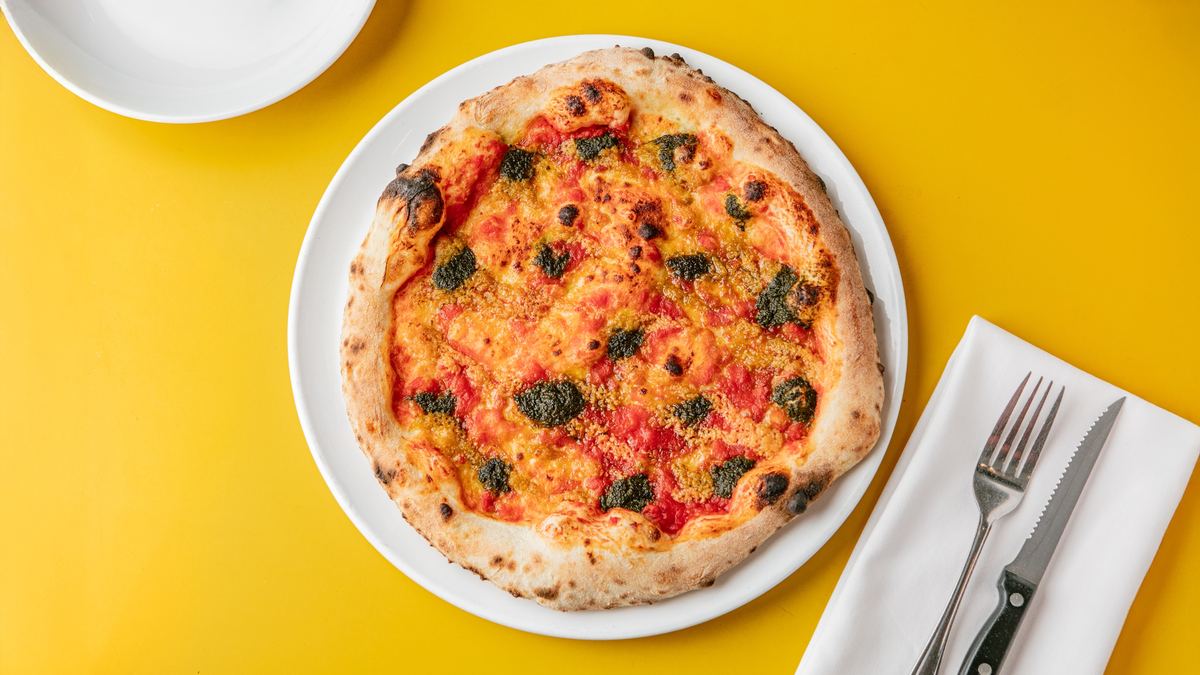 Focaccia with tomato and basil pesto
